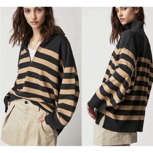 Free People Coastal Stripe Carbon Camel Sweater Zip Preppy Oversized